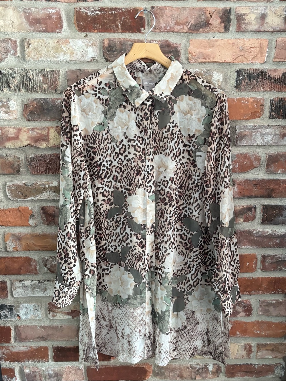 Chico’s Poised Blooms Sheer Floral Leopard Print Tunic Button Up Blouse Top